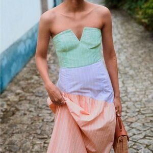 Maeve Colorblock Strapless Midi Dress with Green, Purple, and Peach